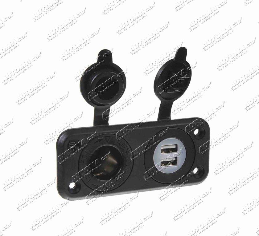 Zásuvka do panelu dvojitá 12/24V - 1x zapalovač 20A + 2x USB 2,1A