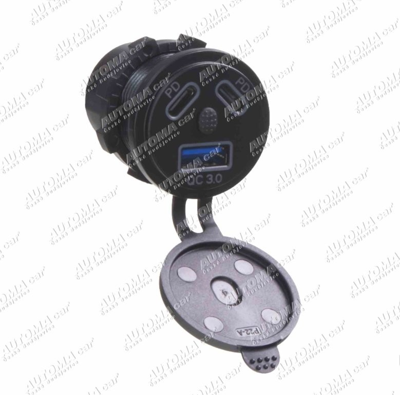 Zásuvka 12/24V USB QC3.0 + 2x USB-C PD 45W s vypínačem